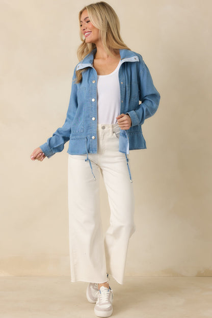 Orta Mavi Peplum Kesim İnce Denim Ceket