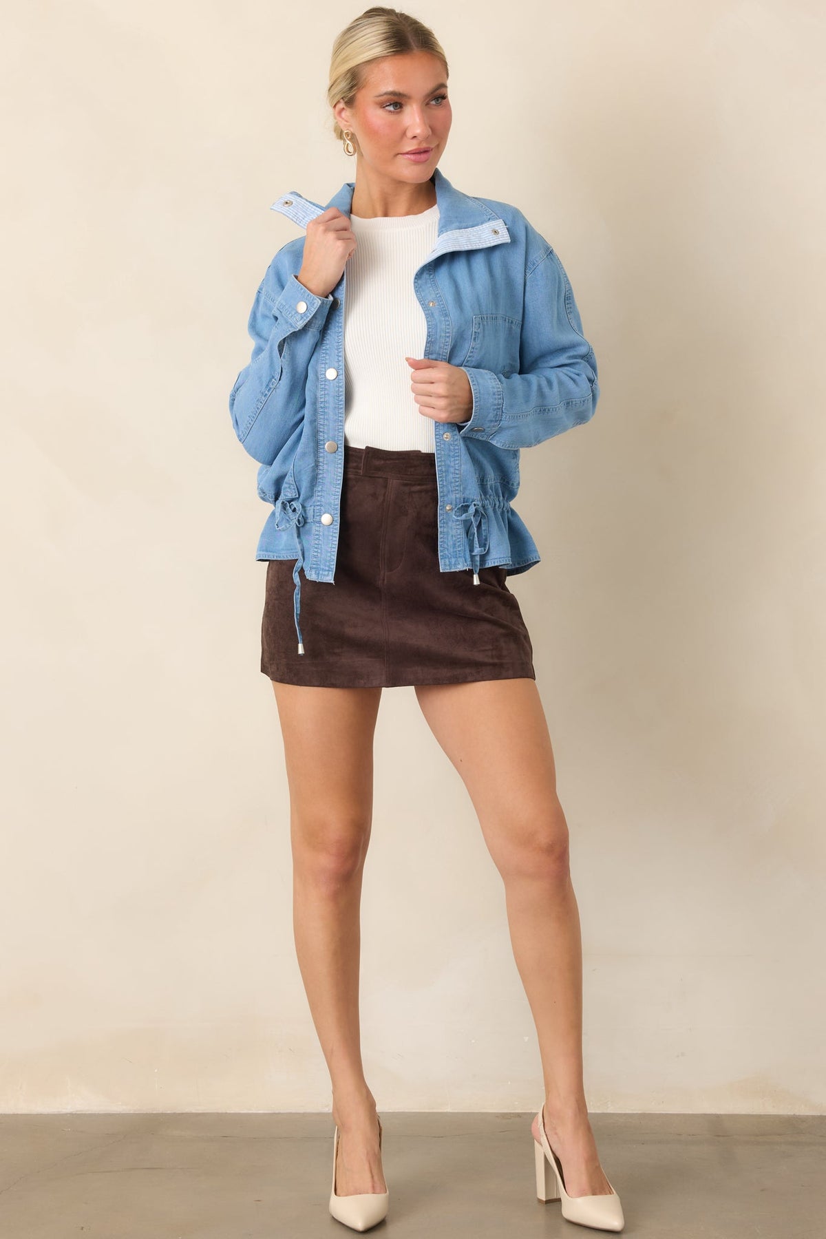 Orta Mavi Peplum Kesim İnce Denim Ceket