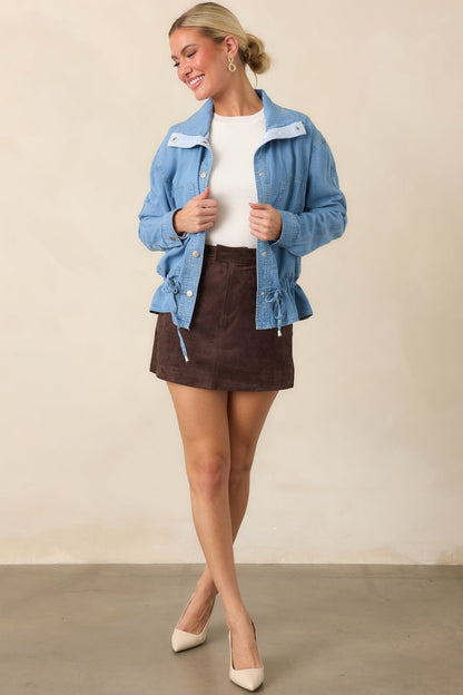 Orta Mavi Peplum Kesim İnce Denim Ceket