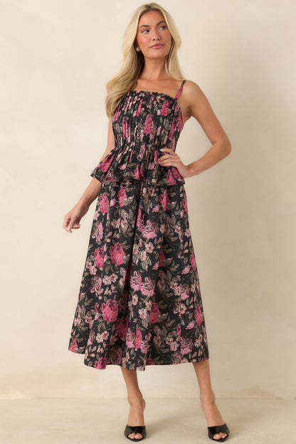 Siyah Pembe Çiçekli Pilili Peplum Pamuklu Midi Elbise