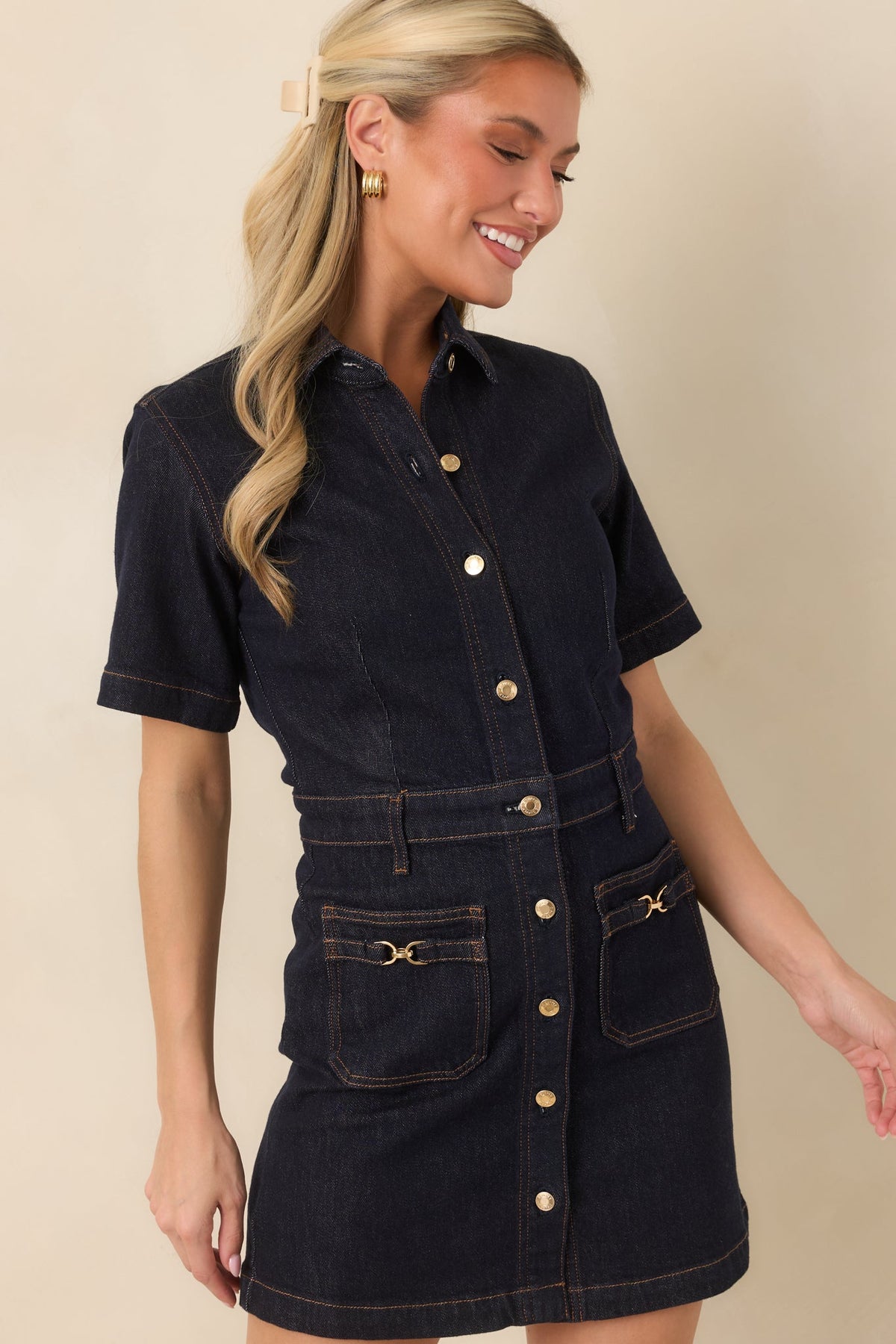 Gece Mavisi Düğmeli Denim Mini Elbise