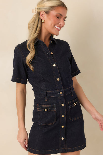 Gece Mavisi Düğmeli Denim Mini Elbise