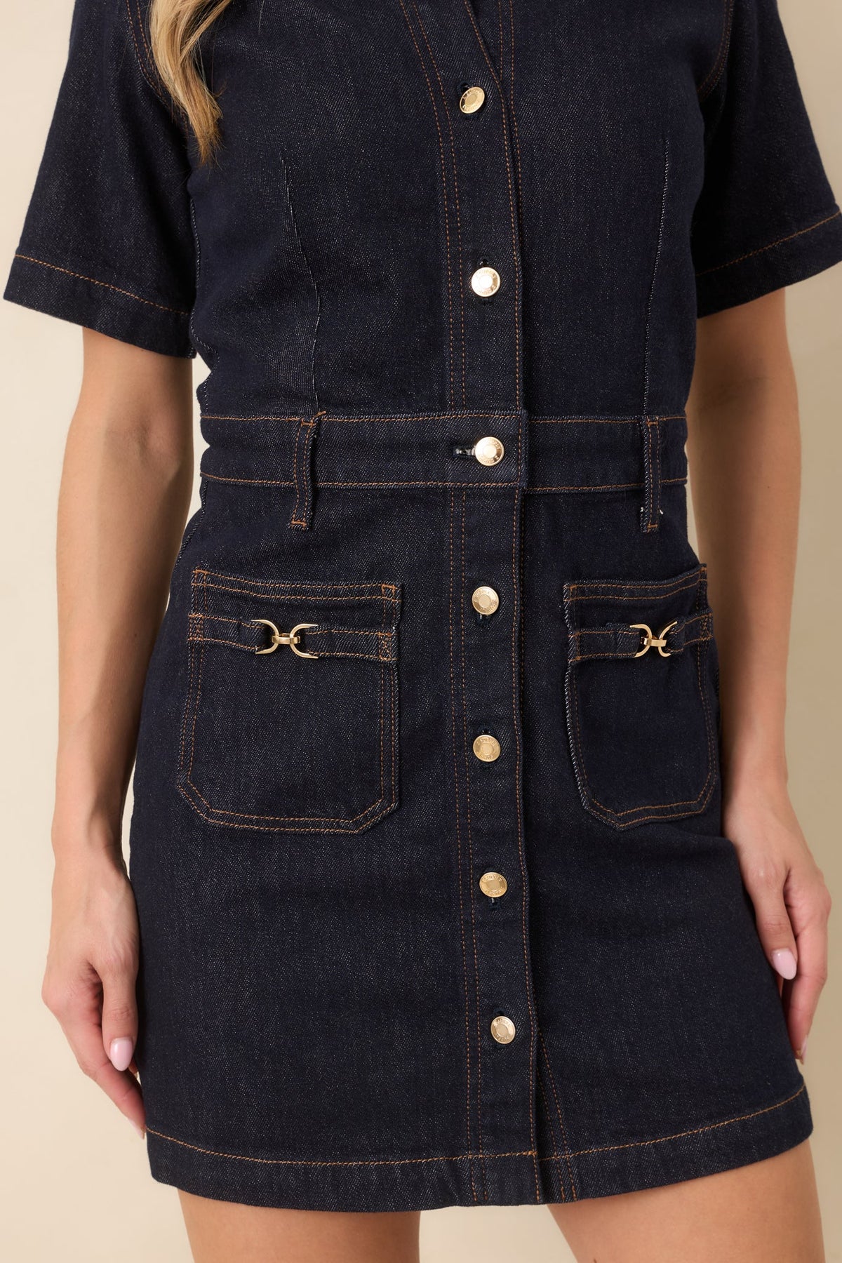 Gece Mavisi Düğmeli Denim Mini Elbise