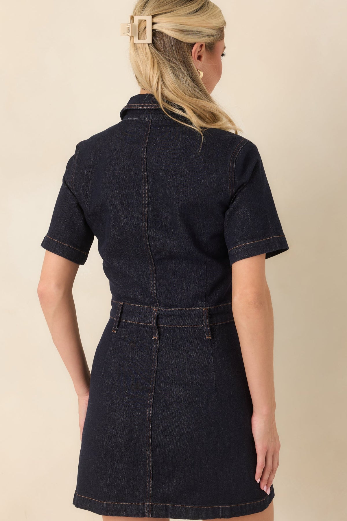 Gece Mavisi Düğmeli Denim Mini Elbise