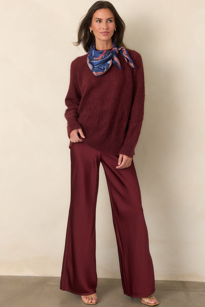 Bordo Saç Örgülü Yarım Balıkçı Yaka Kazak