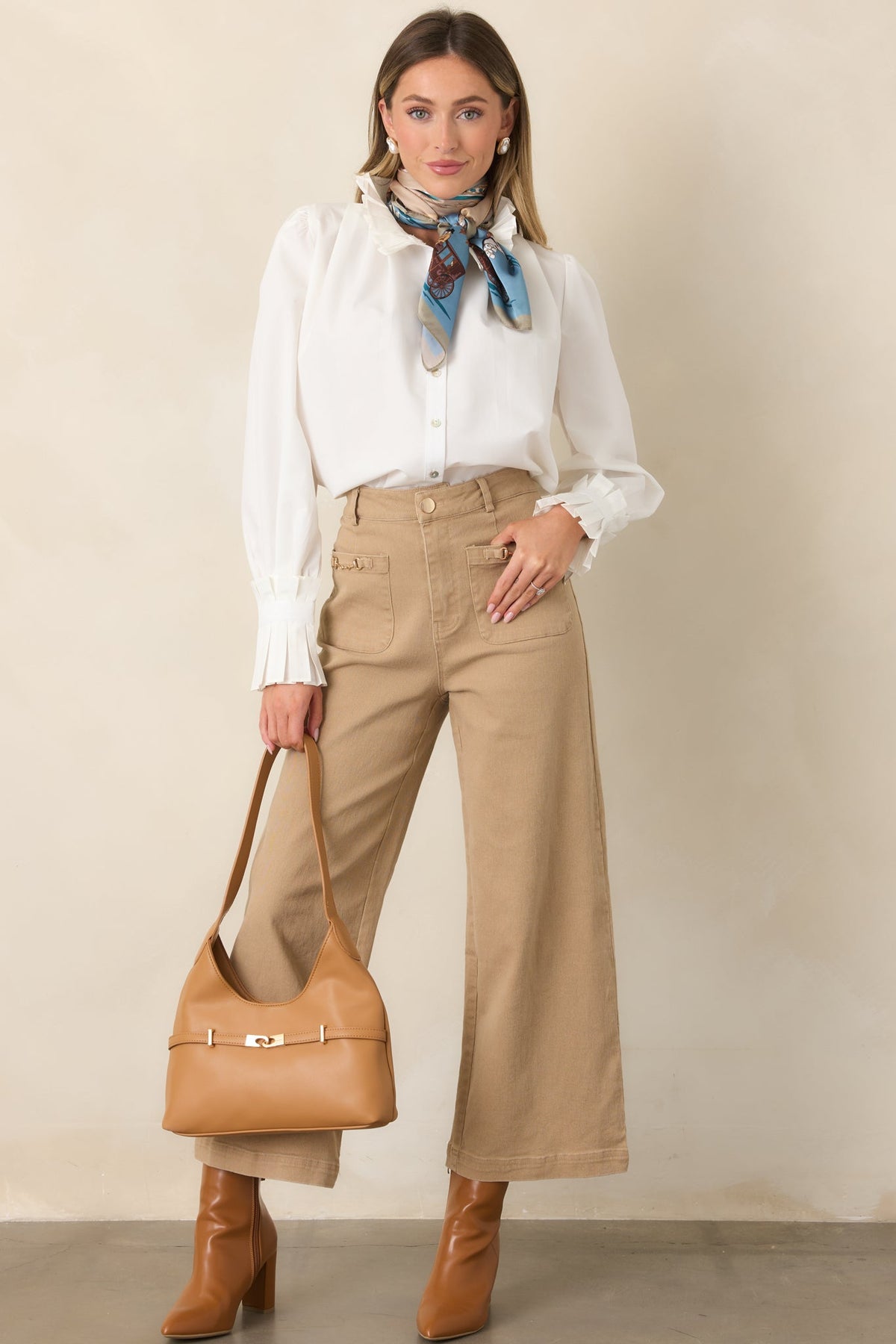 Camel At Figürlü Tokalı Bol Paça Denim Pantolon