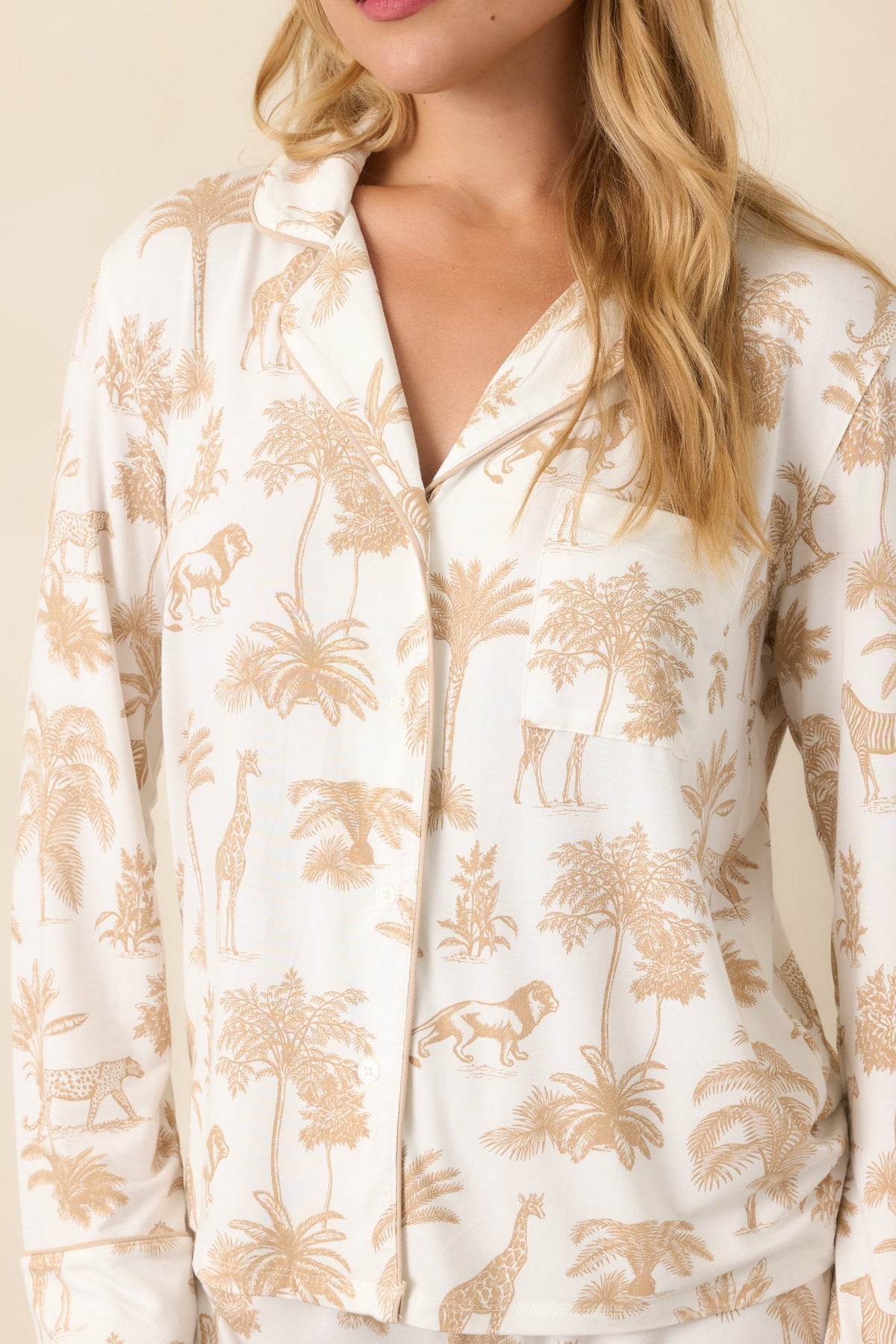 Ekru Safari Desenli Uzun Kollu Pijama Üstü
