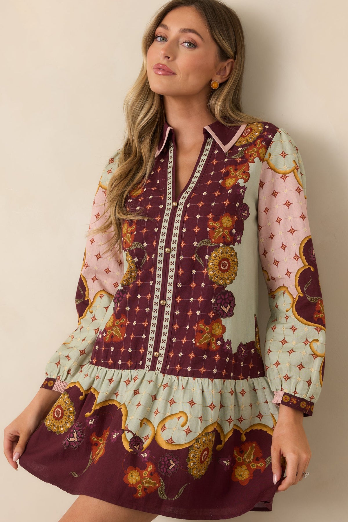 Bordo Adaçayı Çiçek Desenli Mini Elbise