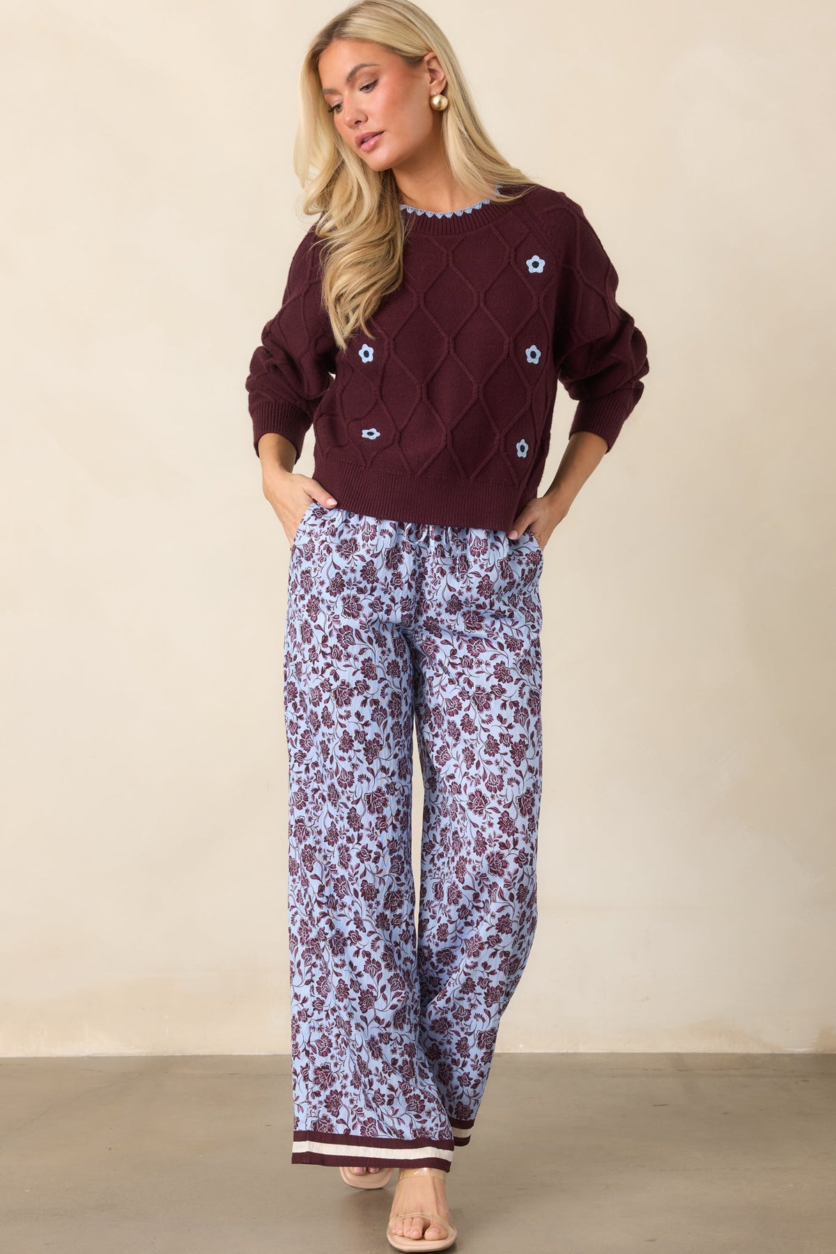 Lila Bordo Çiçek Desenli Bol Paça Pantolon