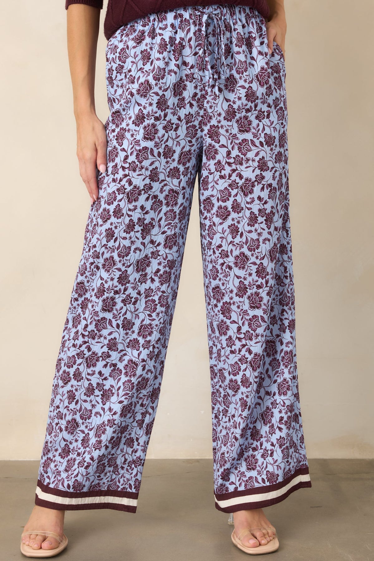 Lila Bordo Çiçek Desenli Bol Paça Pantolon