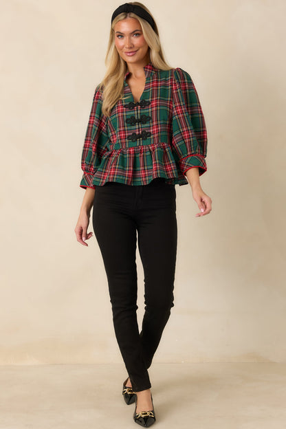 Yeşil Ekoseli Peplum Detaylı Bluz