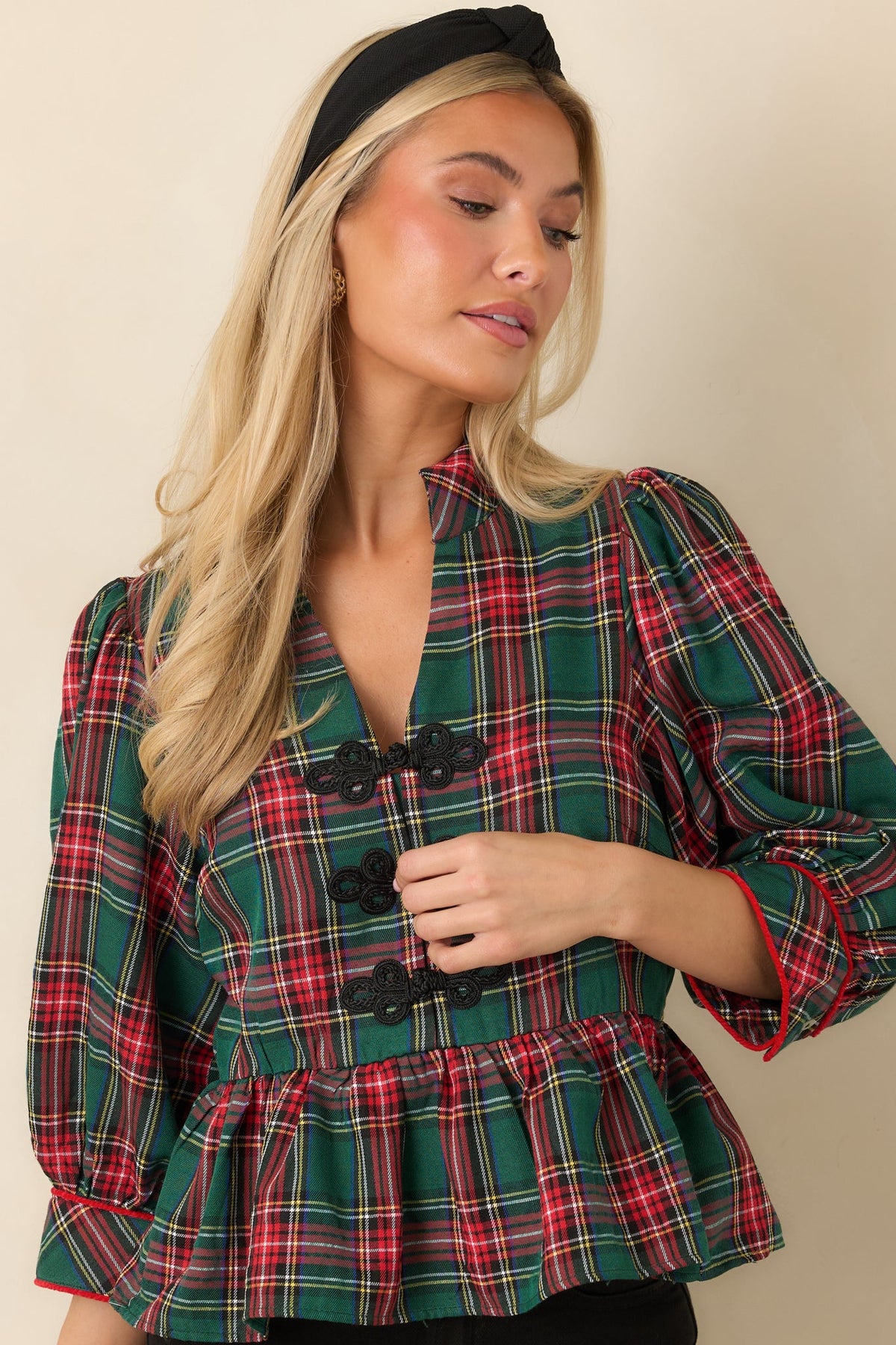 Yeşil Ekoseli Peplum Detaylı Bluz