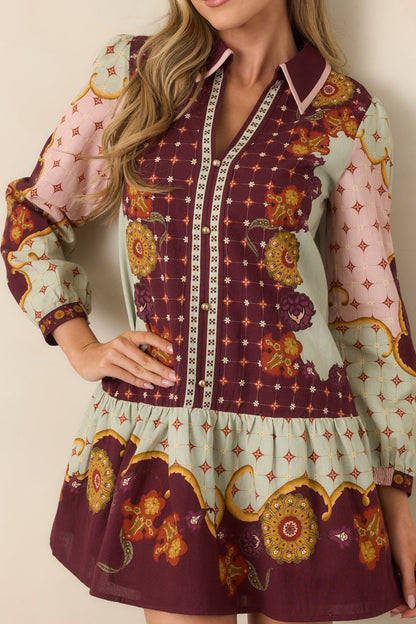 Bordo Adaçayı Çiçek Desenli Mini Elbise