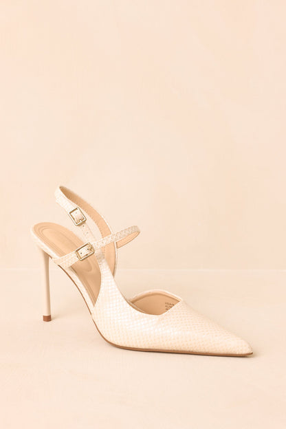 Ekru Yılan Derisi Desenli Çift Tokalı Slingback