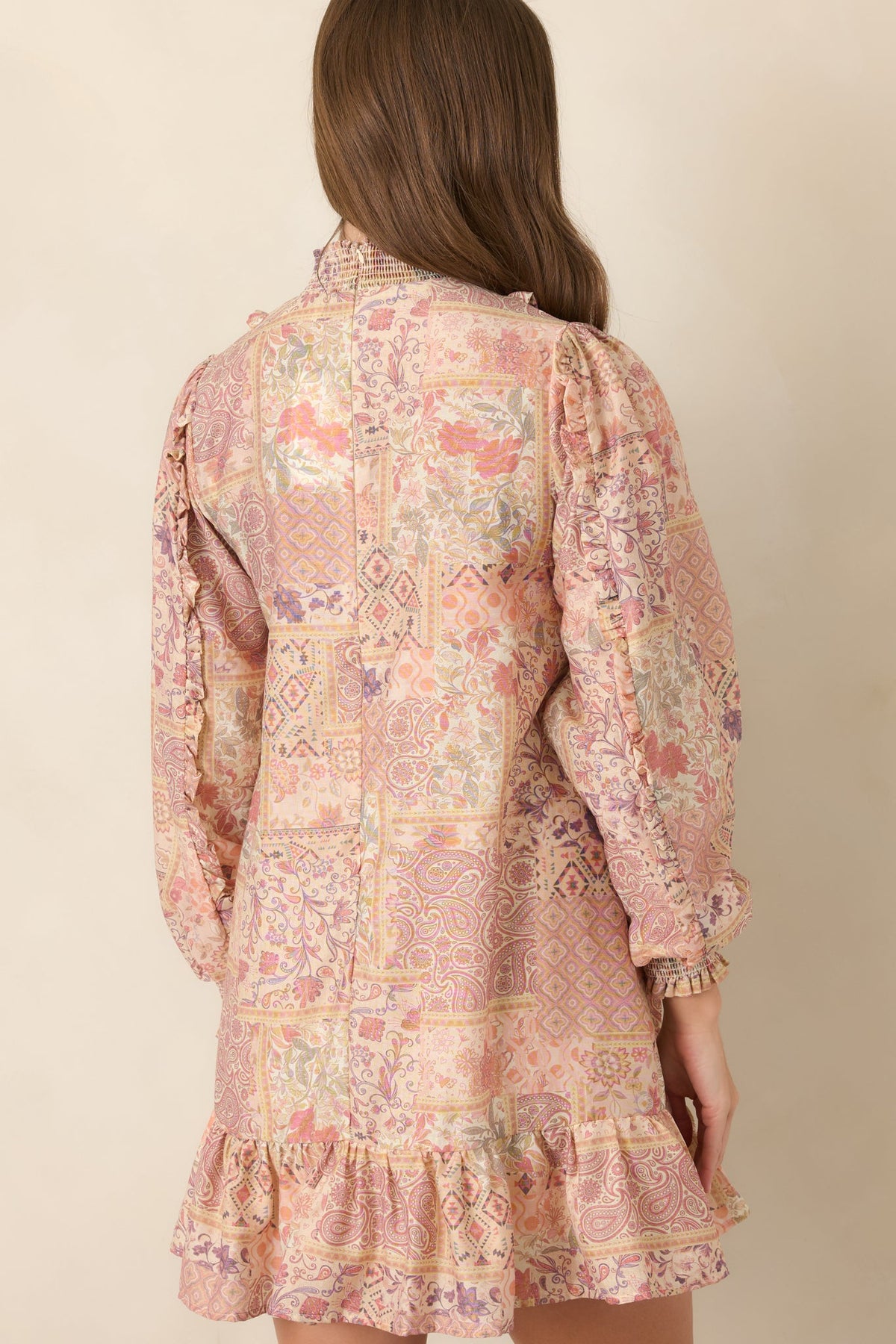 Pudra Çok Renkli Patchwork Desenli Mini Elbise
