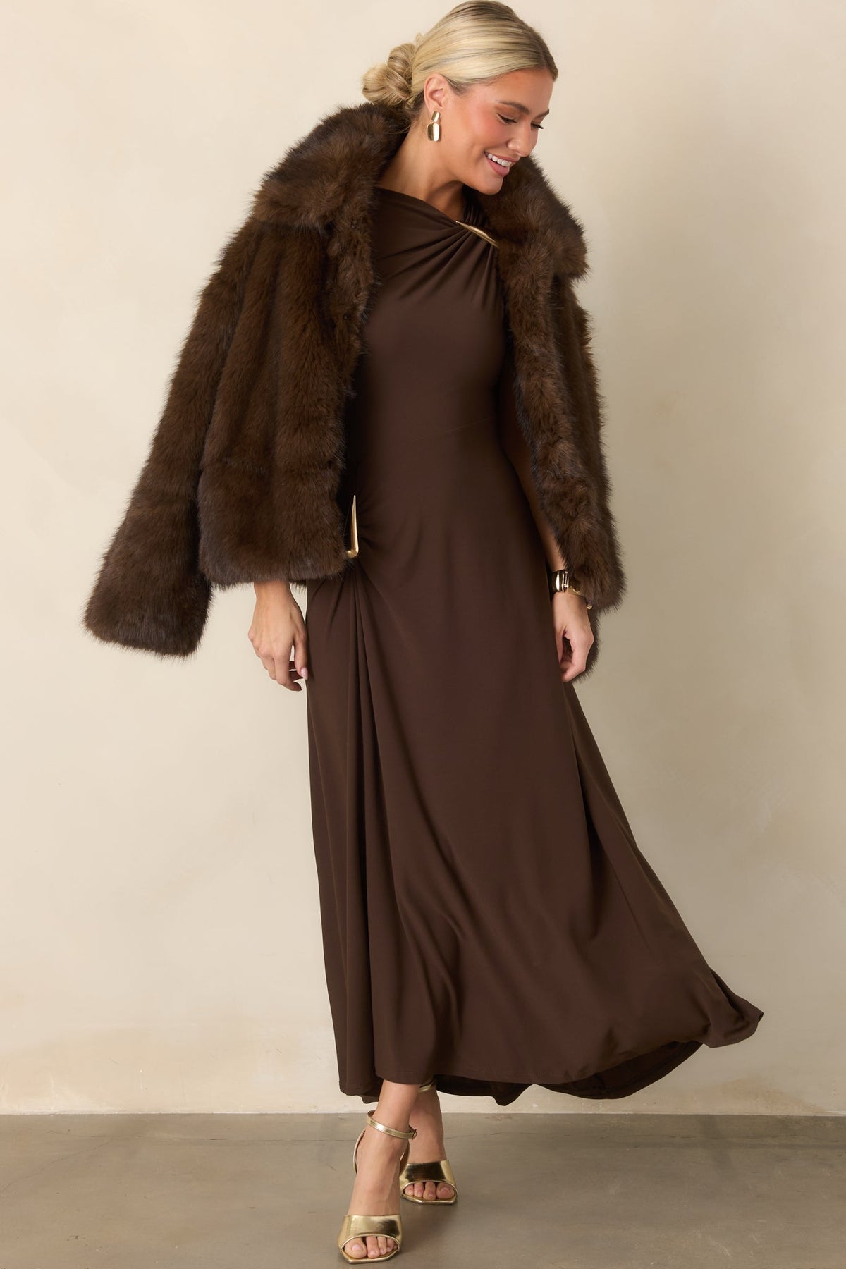 Çikolata Kahve Drape Detaylı Maksi Elbise