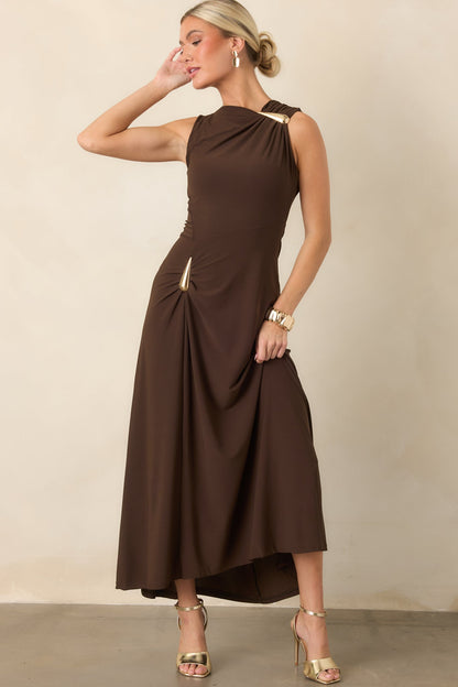 Çikolata Kahve Drape Detaylı Maksi Elbise