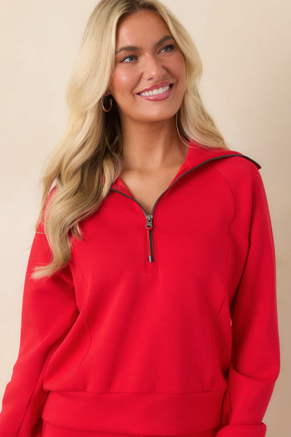 Kırmızı Yarım Fermuarlı Rahat Kesim Sweatshirt