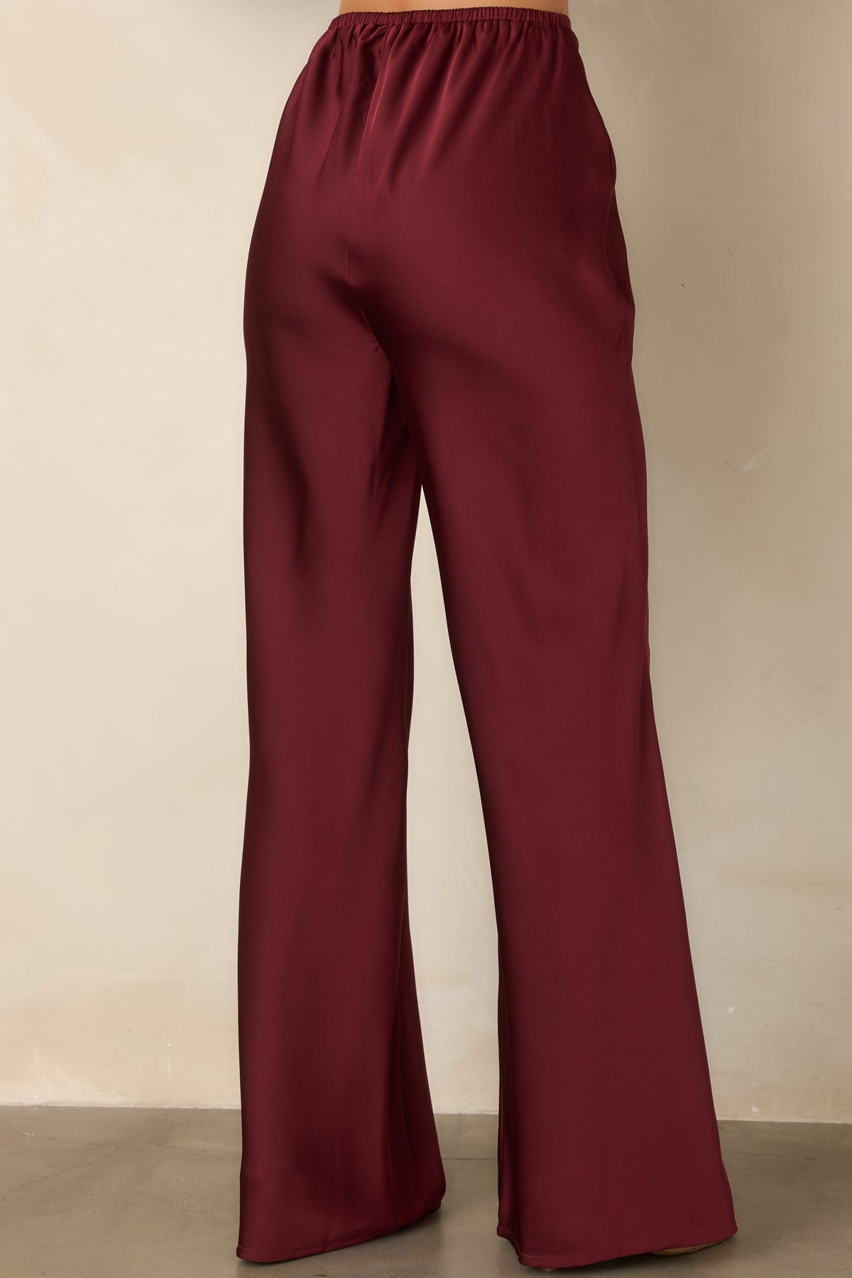 Bordo Saten Yüksek Bel Bol Paça Pantolon