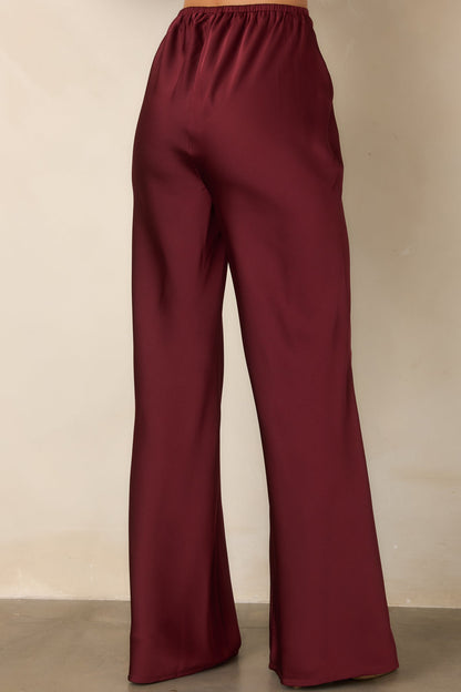 Bordo Saten Yüksek Bel Bol Paça Pantolon
