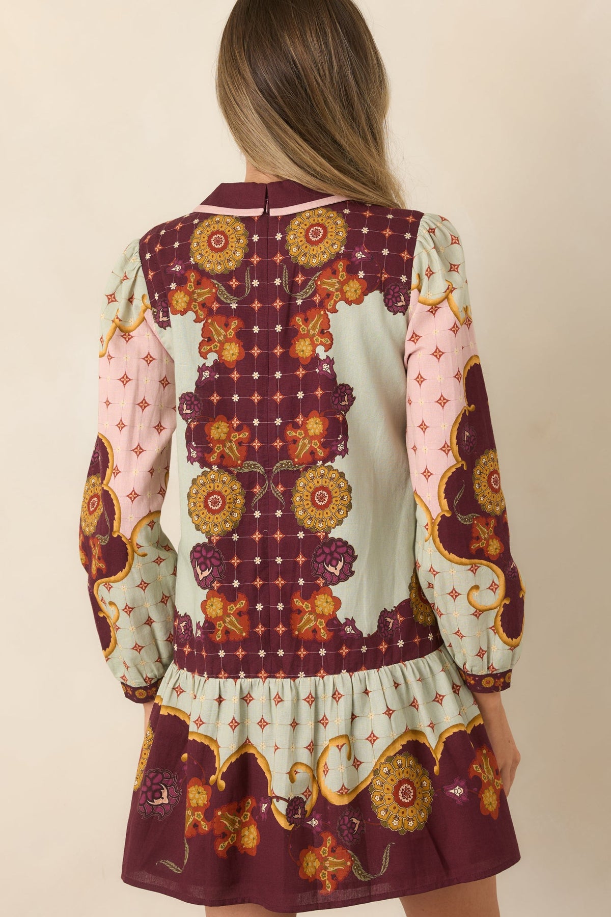 Bordo Adaçayı Çiçek Desenli Mini Elbise