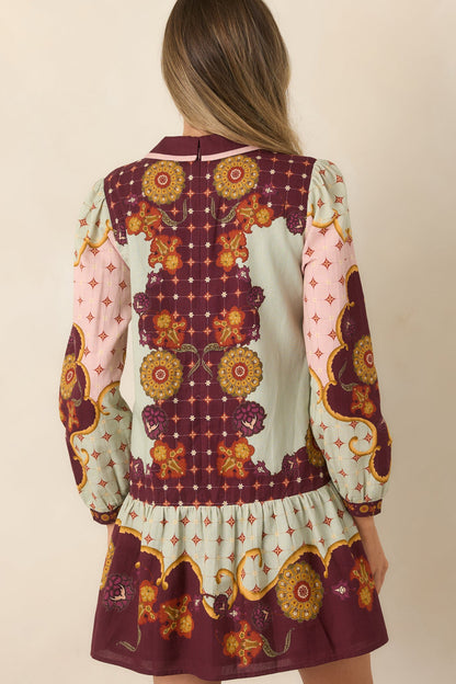Bordo Adaçayı Çiçek Desenli Mini Elbise