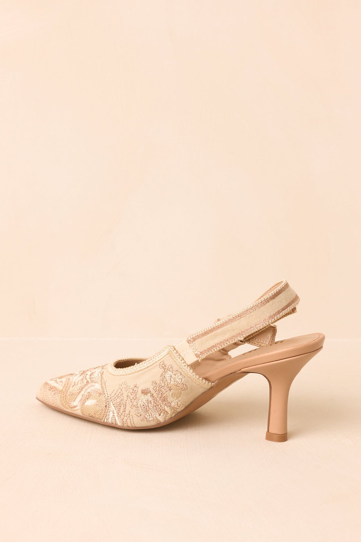 Şampanya Nakışlı Sivri Burun Slingback Topuklu Ayakkabı