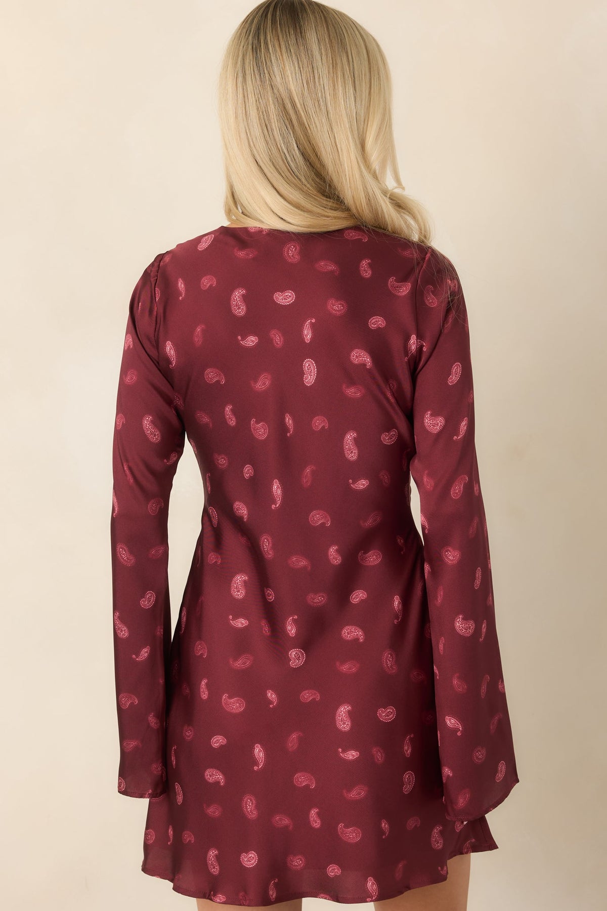 Bordo Şal Desenli Saten Uzun Kollu Mini Elbise