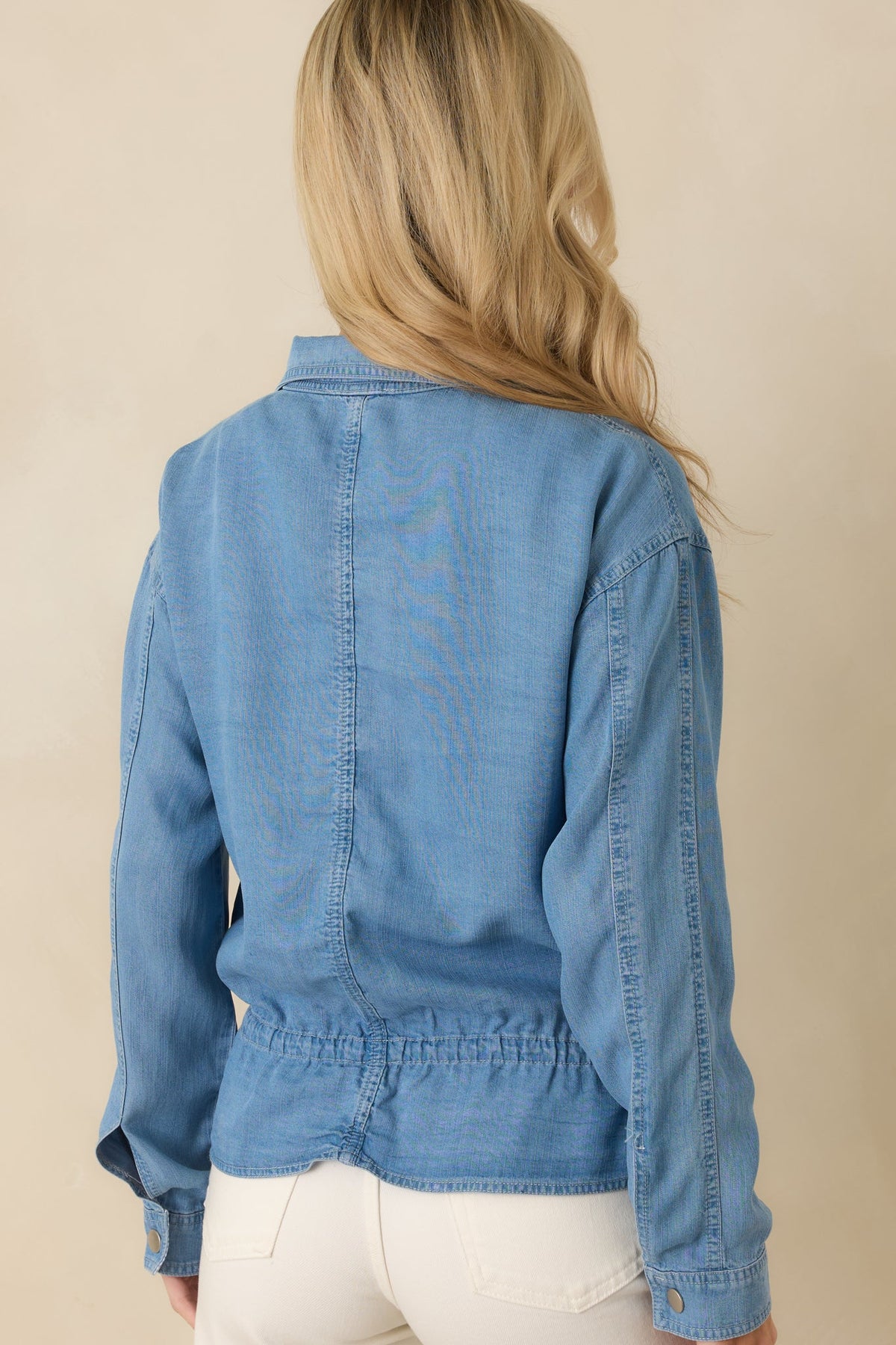 Orta Mavi Peplum Kesim İnce Denim Ceket