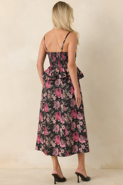 Siyah Pembe Çiçekli Pilili Peplum Pamuklu Midi Elbise