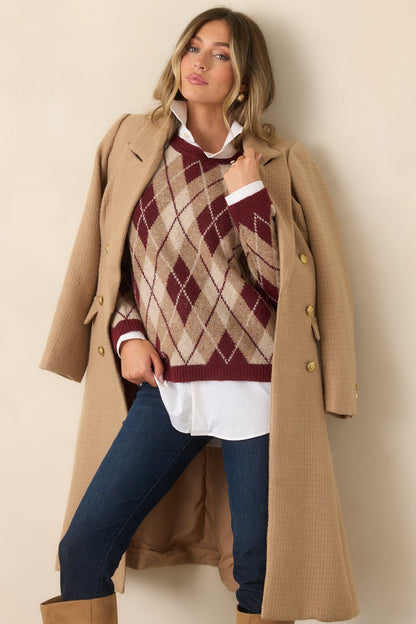 Bordo Çok Renkli Baklava Desenli Kazak