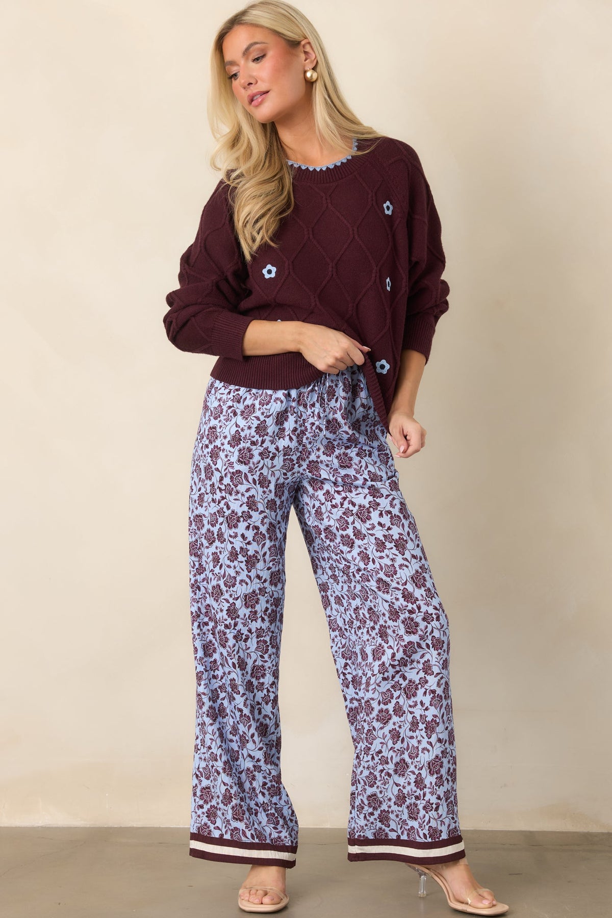 Lila Bordo Çiçek Desenli Bol Paça Pantolon