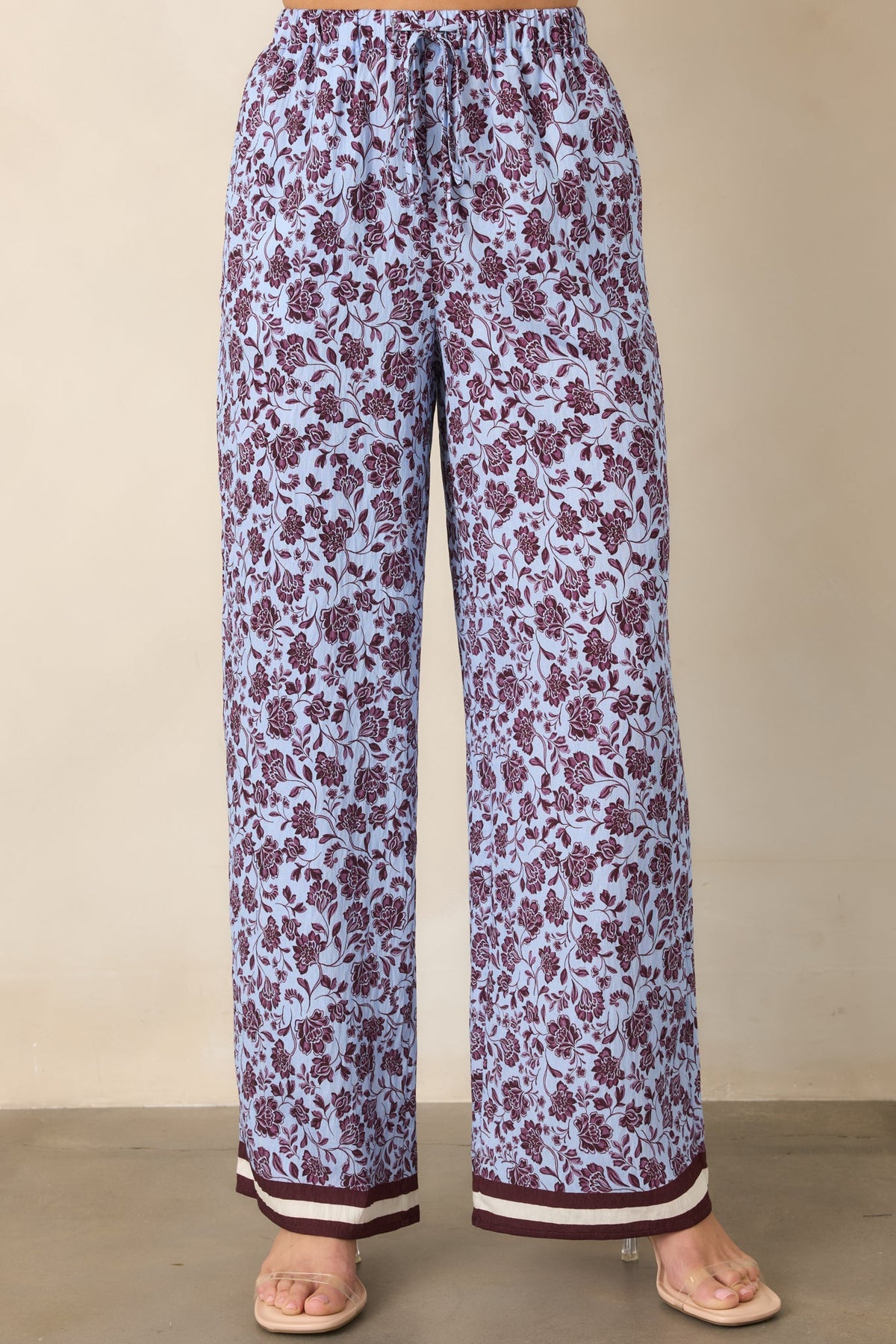 Lila Bordo Çiçek Desenli Bol Paça Pantolon