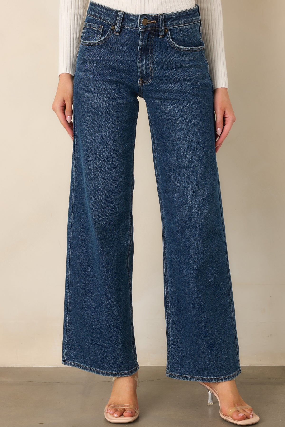 Koyu Mavi Yüksek Bel Bol Paça Denim Jean