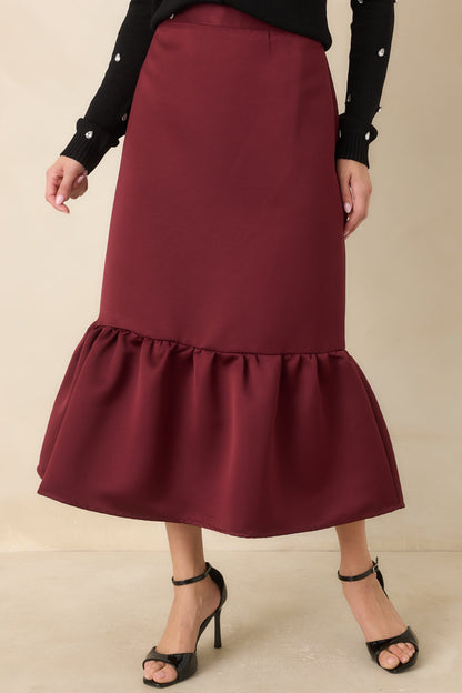 Bordo Saten Volan Uçlu Midi Etek