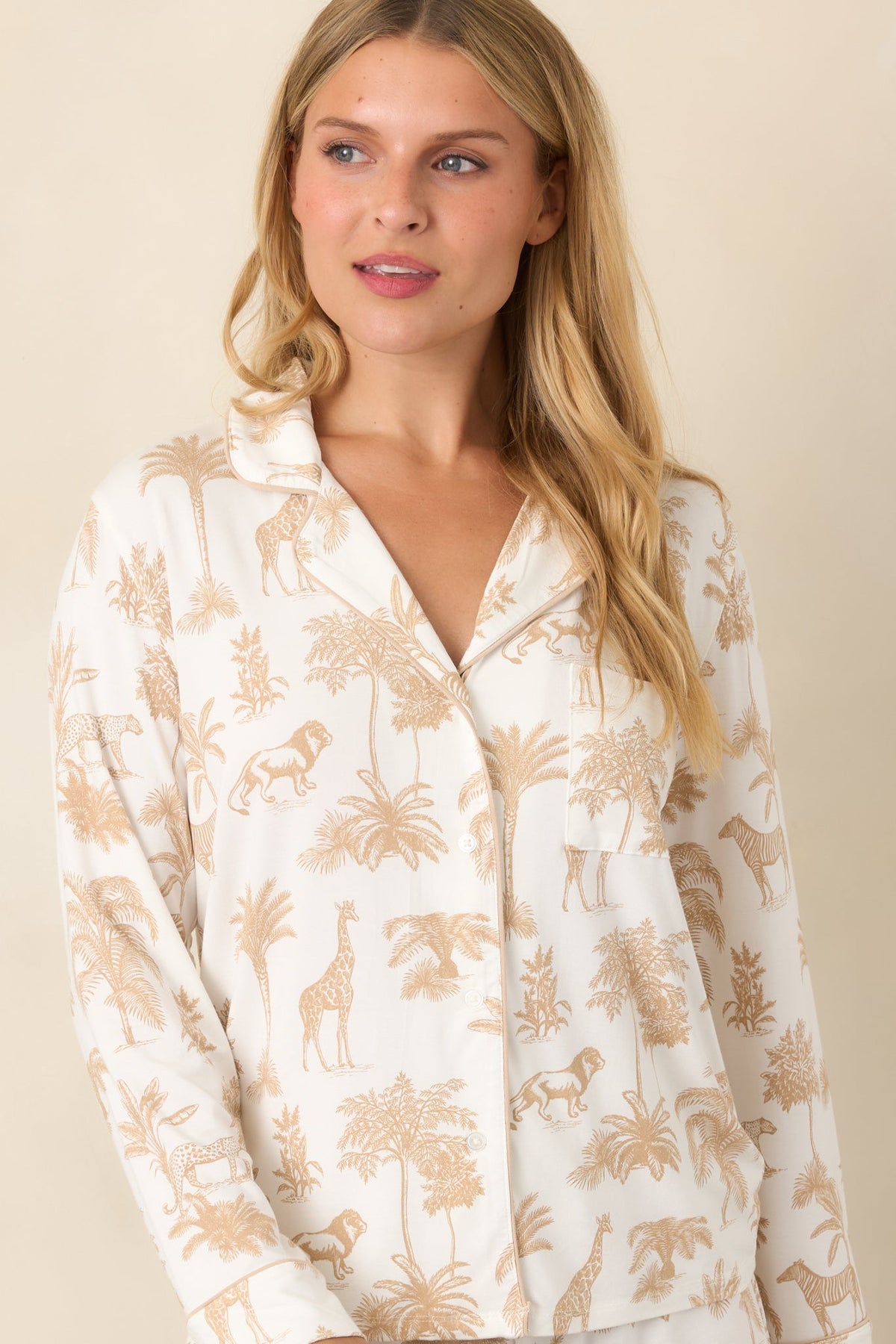 Ekru Safari Desenli Uzun Kollu Pijama Üstü