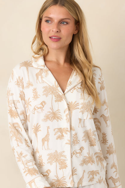 Ekru Safari Desenli Uzun Kollu Pijama Üstü