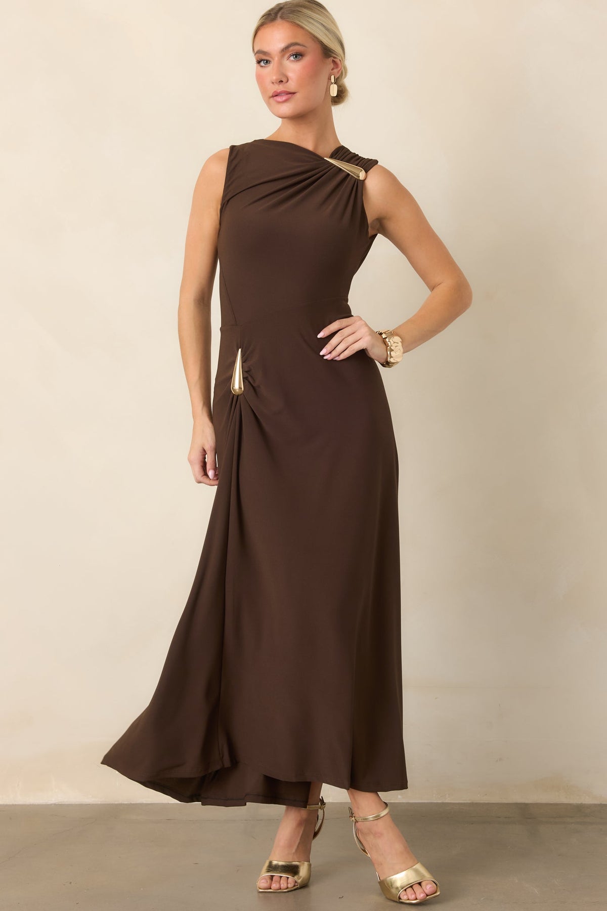 Çikolata Kahve Drape Detaylı Maksi Elbise