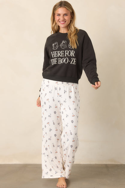 Ekru Kokteyl Desenli Bol Paça Pijama Altı