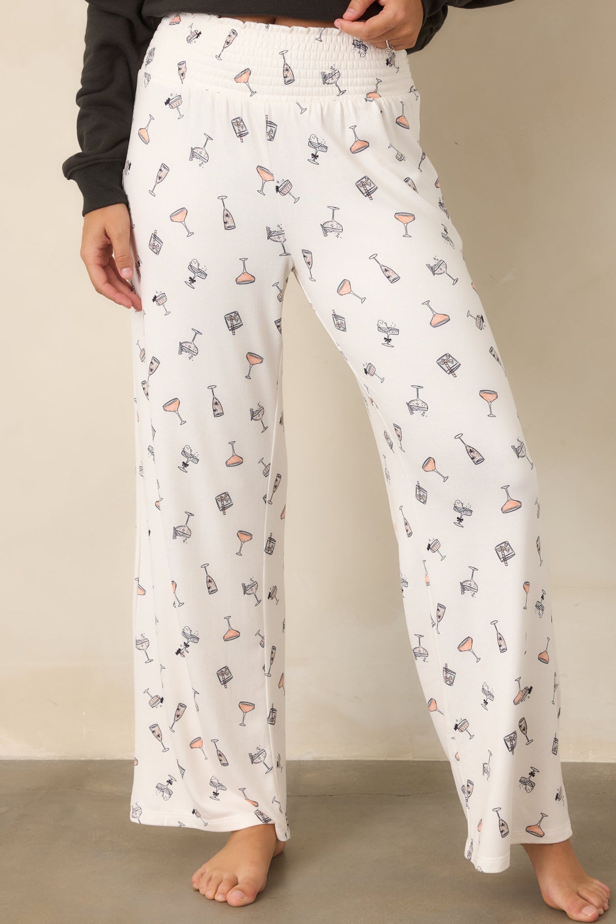 Ekru Kokteyl Desenli Bol Paça Pijama Altı