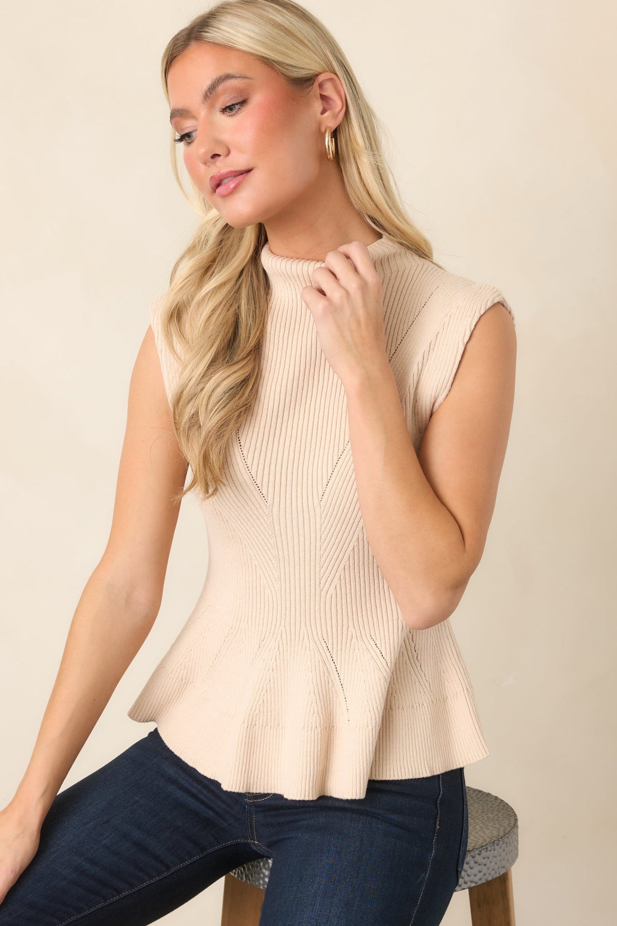 Ekru Fitilli Peplum Triko Bluz