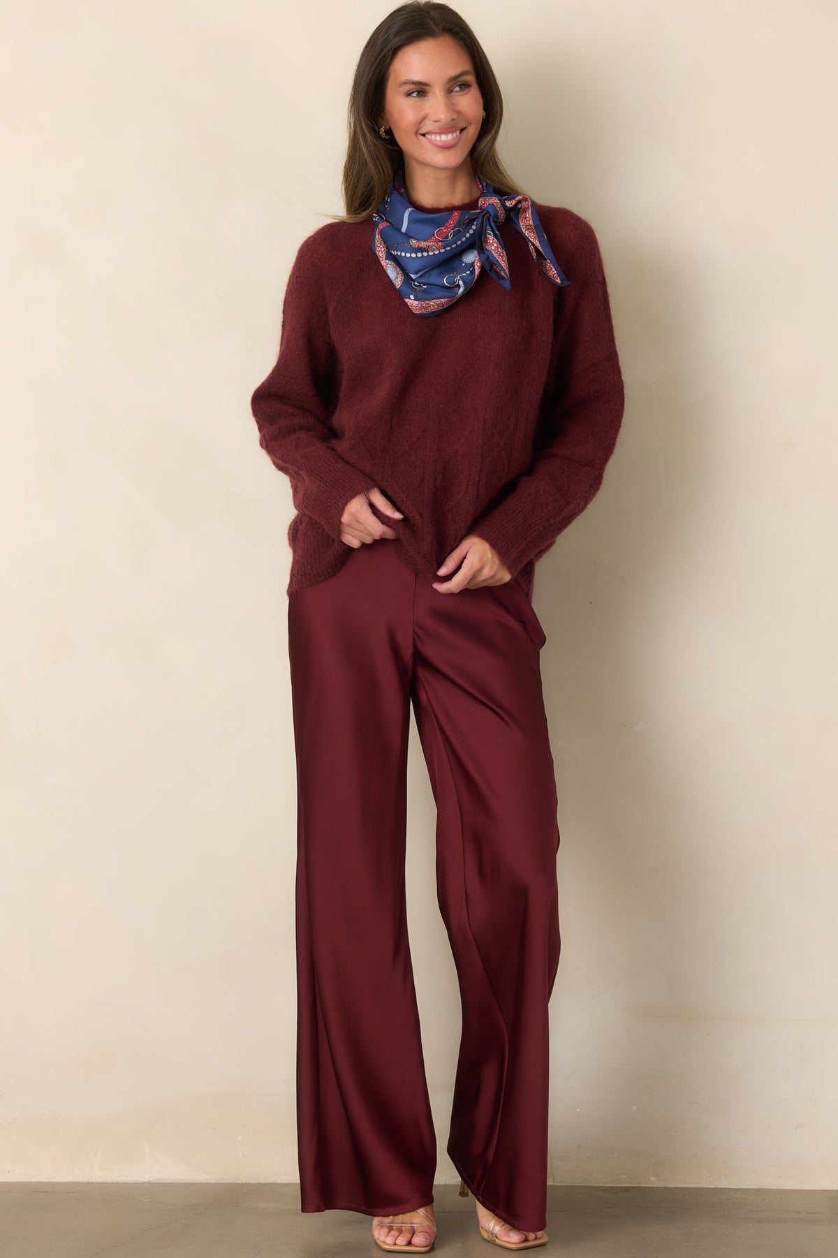 Bordo Saten Yüksek Bel Bol Paça Pantolon