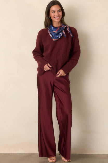 Bordo Saten Yüksek Bel Bol Paça Pantolon