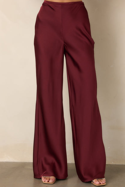 Bordo Saten Yüksek Bel Bol Paça Pantolon