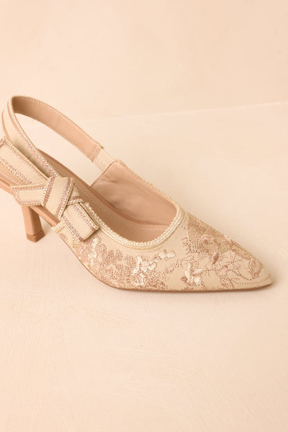 Şampanya Nakışlı Sivri Burun Slingback Topuklu Ayakkabı