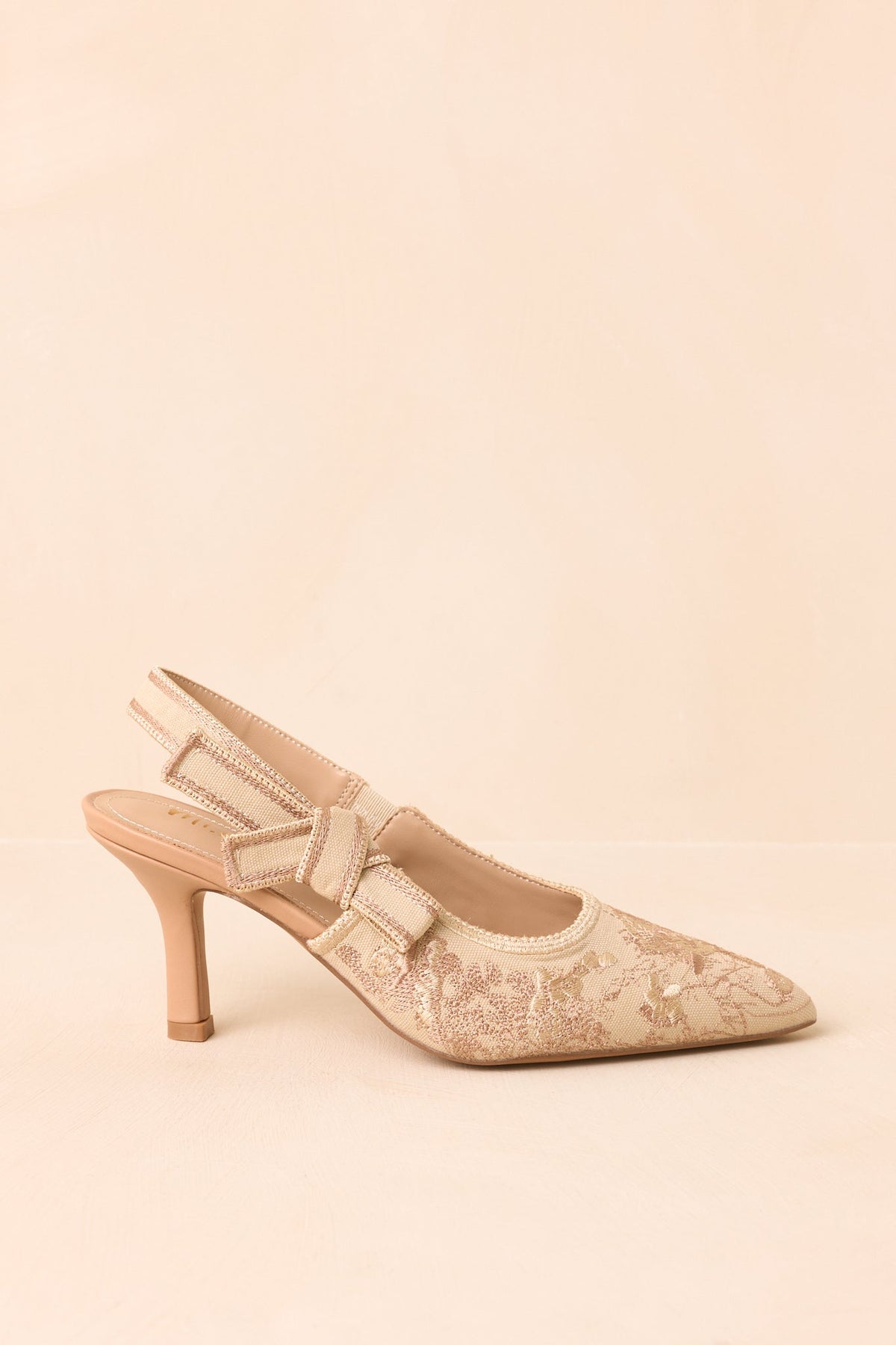 Şampanya Nakışlı Sivri Burun Slingback Topuklu Ayakkabı