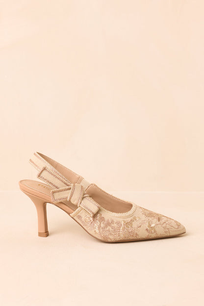 Şampanya Nakışlı Sivri Burun Slingback Topuklu Ayakkabı