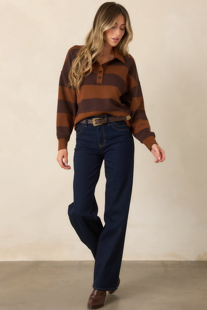 Karamel Kahverengi Çizgili Rugby Sweatshirt