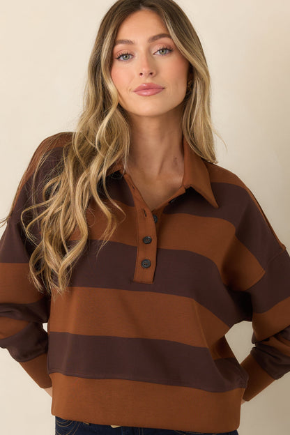 Karamel Kahverengi Çizgili Rugby Sweatshirt