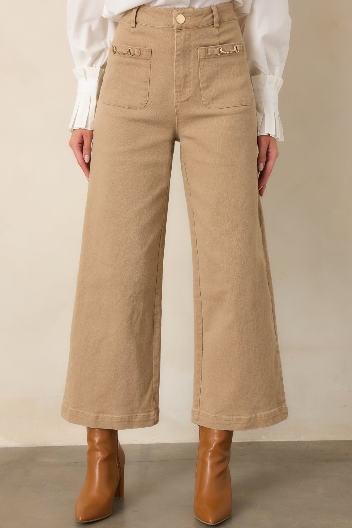 Camel At Figürlü Tokalı Bol Paça Denim Pantolon